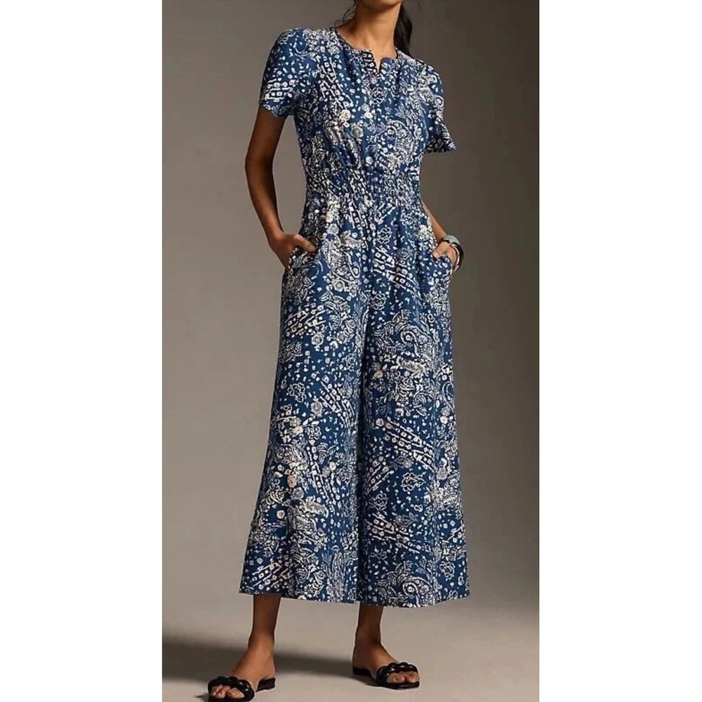 Anthropologie Blue White Floral Smocked Waist Wide Leg Jumpsuit XS Short Sleeve